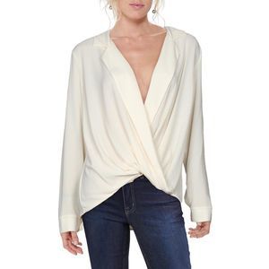 Lush Womens Ivory Crepe Long Sleeves Faux Wrap Blouse Top NWOT